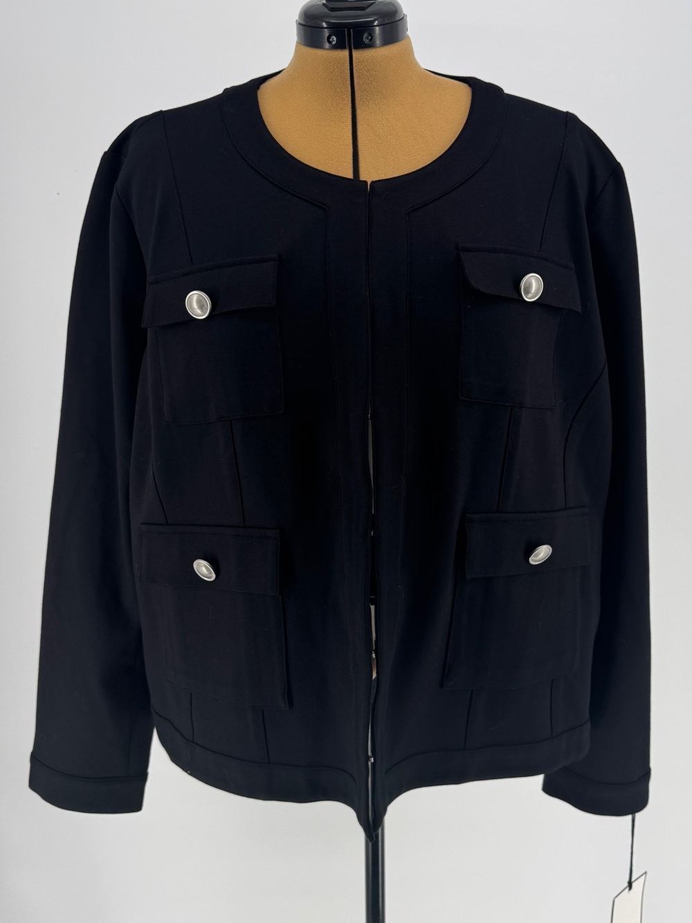bagatelle Black Collarless Pocket Jacket with Silver Buttons